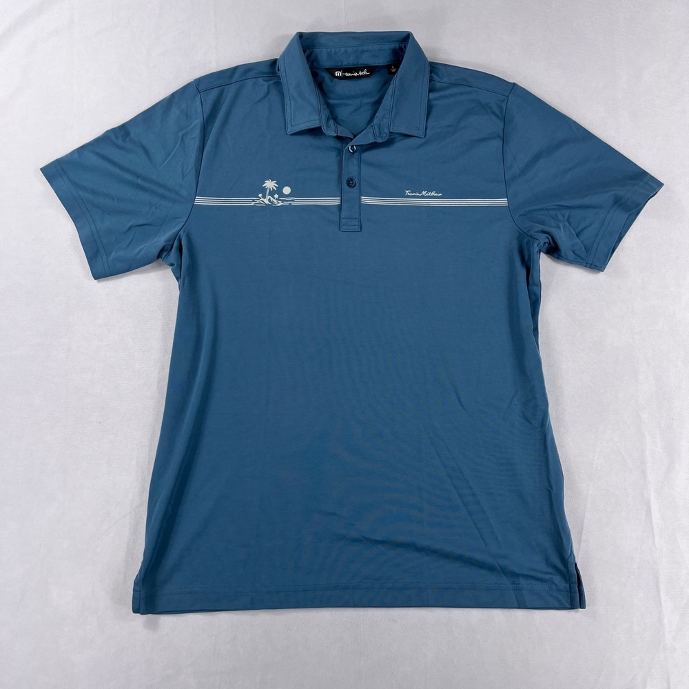 Travis Mathew Polo Shirt Palm Tree Graphic Stripe Performance Blue Mens Large